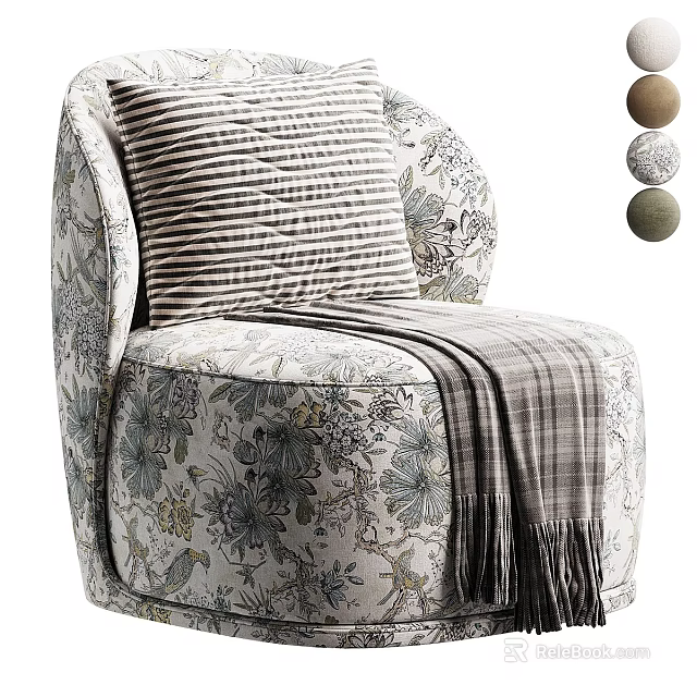 Stylish Single Chair With Floral Pattern Striped Cushion Plaid Throw Blanket And Decorative Balls 3d model 
