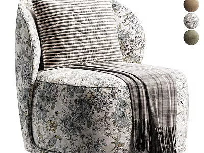 Stylish Single Chair With Floral Pattern Striped Cushion Plaid Throw Blanket And Decorative Balls 3d model