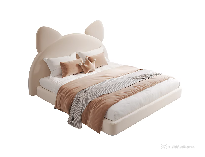 Adorable Kids Bed With Cat Ear Headboard Beige Soft Blanket And Pillows 3d model 