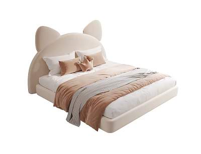 Adorable Kids Bed With Cat Ear Headboard Beige Soft Blanket And Pillows 3d model