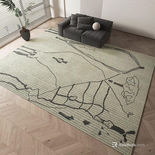 Square Area Rug With Abstract Black Lines On Light Beige Background In Living Room 3d model 