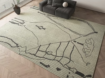 Square Area Rug With Abstract Black Lines On Light Beige Background In Living Room 3d model