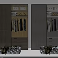 Modern Wooden And Gray Wardrobe Interior With Hanging Clothes Drawers And Top Storage Boxes