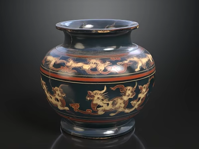 Dark Blue Vase With Gold And Red Dragon Patterns And Round Base 3d model