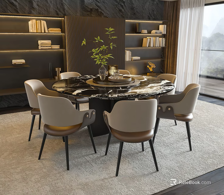 Modern Luxury Dining Table Set With Round Marble Top And Six Light Colored Chairs 3d model 