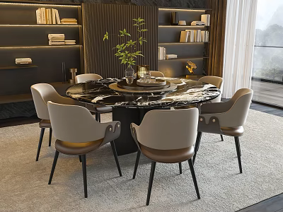 Modern Luxury Dining Table Set With Round Marble Top And Six Light Colored Chairs 3d model