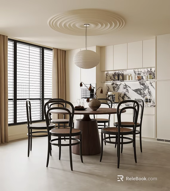 Modern Restaurant Dining Area With Round Wooden Table Black Chairs Large Windows And Pendant Lamp 3d model 