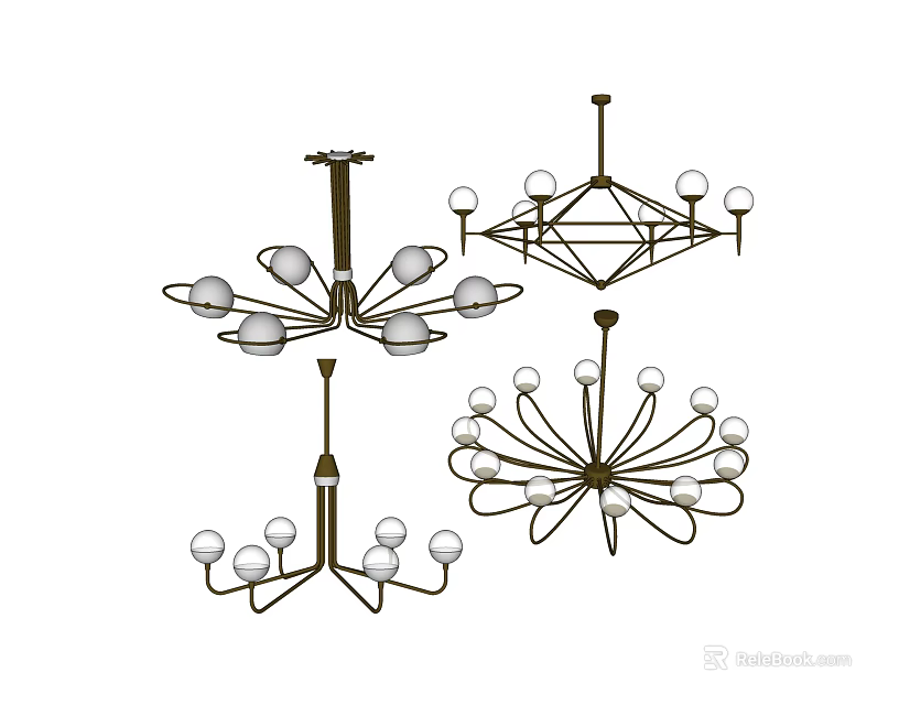 Various Modern Chandeliers With Geometric Designs Multiple Bulbs And Metal Frames 3d model