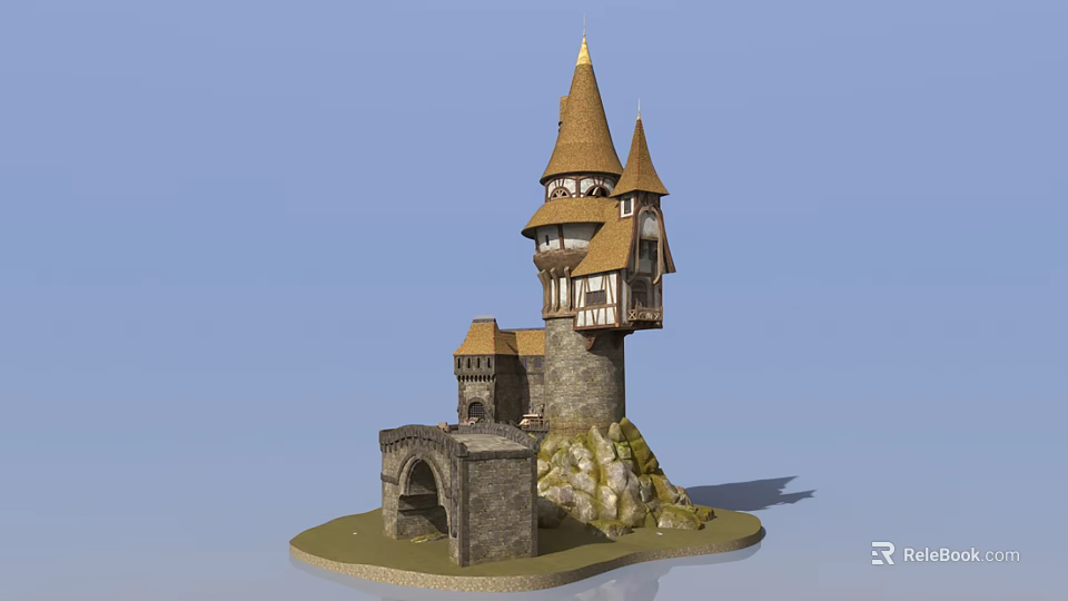 Fantasy Castle Model With Tower Spires Stone Walls And Archway On Rock Base 3d model 