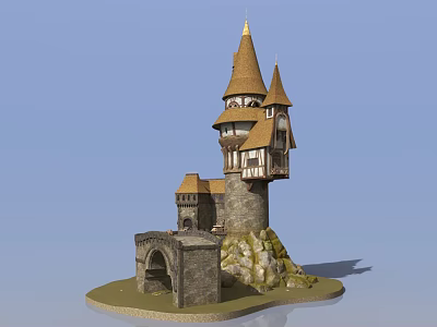 Fantasy Castle Model With Tower Spires Stone Walls And Archway On Rock Base 3d model