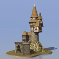 Fantasy Castle Model With Tower Spires Stone Walls And Archway On Rock Base