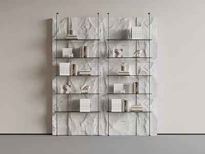 Modern Bookshelf With Stone Background Metal Frame Glass Shelves And Decorative Items 3d model