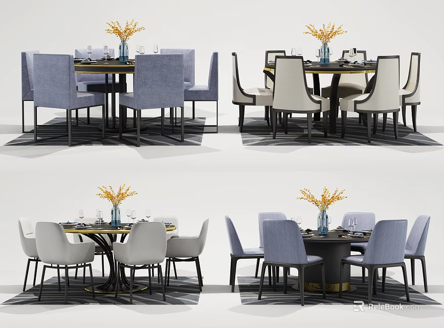 Modern Dining Table Set With Round Table Blue And White Chairs Vases And Tableware 3d model