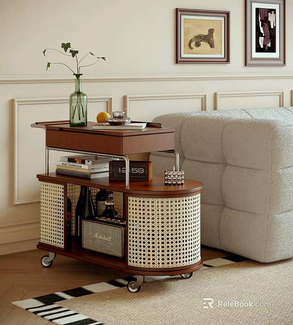 Modern Wooden Rattan Storage Mobile Side Table with Wheels and Sofa in Living Room 3d model 