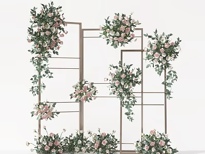 Elegant Vase Flowers With Pink White Roses And Green Vines On Metal Frame 3d model