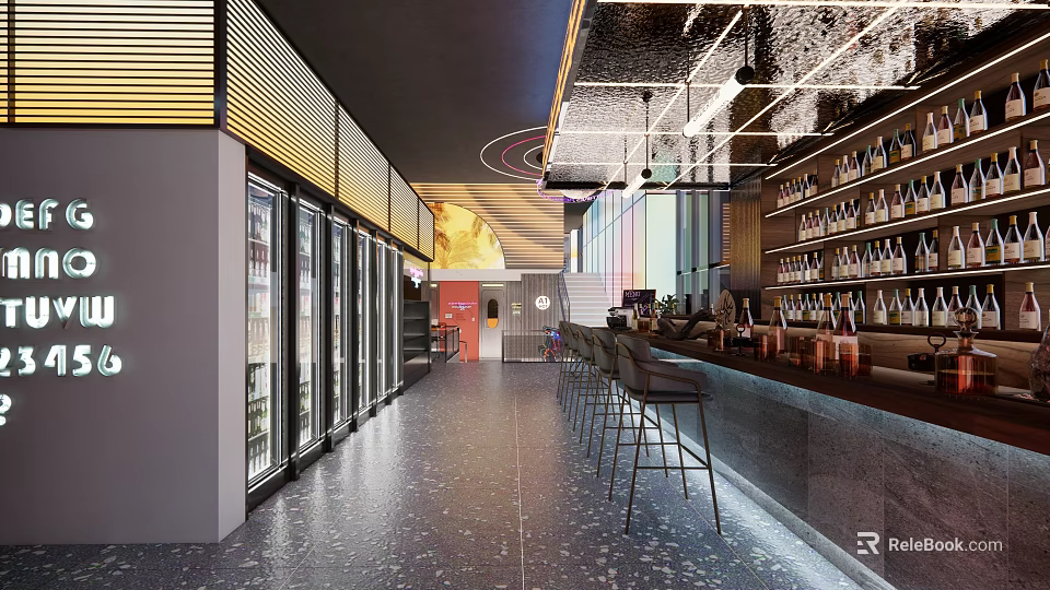 Contemporary Bar Interior Design With Stylish Counter Stools Wine Racks Refrigerators And Modern Lighting 3d model 