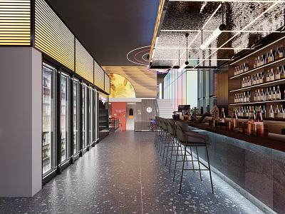 Contemporary Bar Interior Design With Stylish Counter Stools Wine Racks Refrigerators And Modern Lighting 3d model