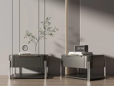 Modern Bedside Tables Interior With Metal Frames Wooden Tops Books Potted Plant And Clock 3d model