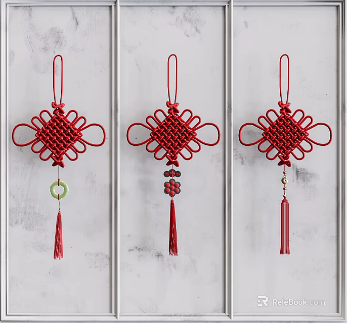 Traditional Red Chinese Knot Ornaments With Green Circle Bead Red Tassel And Gold Pendant 3d model 