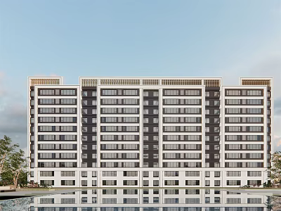 Modern Multi Storey Apartment Building Exterior With Swimming Pool Trees And Clear Blue Sky 3d model