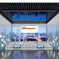 Modern Exhibition Hall Interior Design With Large LED Screen Cityscape Glass Walls And Display Counters
