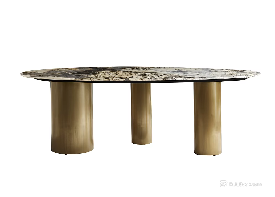 Modern Oval Dining Table With Marble Pattern Top And Gold Cylindrical Legs 3d model