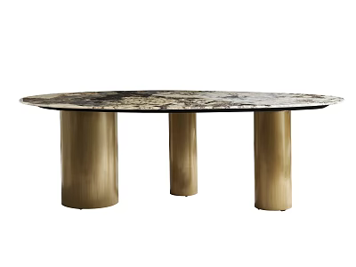 Modern Oval Dining Table With Marble Pattern Top And Gold Cylindrical Legs 3d model