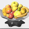 Assorted Fresh Fruits in White Bowl with Black Base Including Bananas Apples Mangoes and Lemons