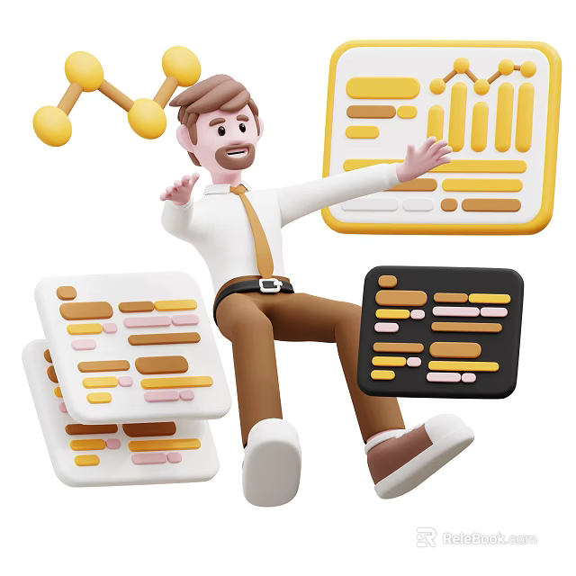 Businessman Analyzing Data With Bar Charts Line Graphs And Visual Displays 3d model 