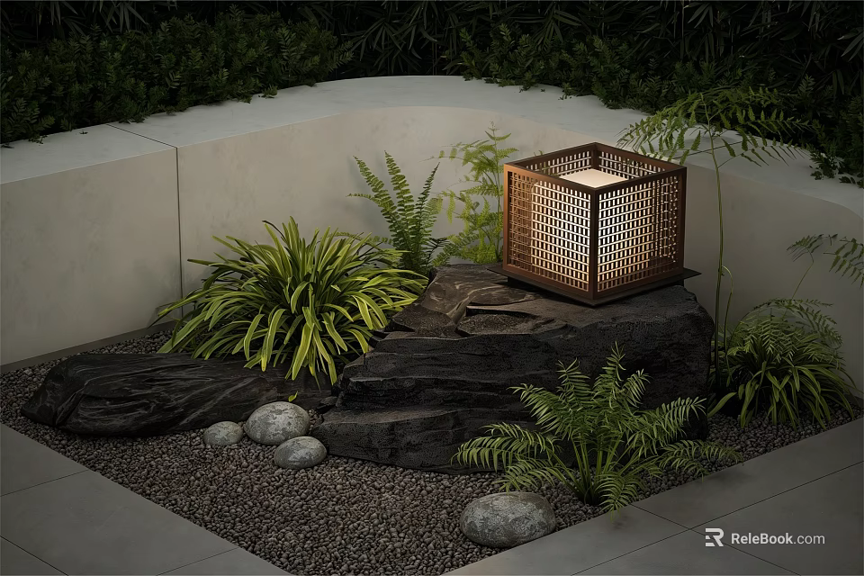 Outdoor Garden Decor Featuring Square Lantern Green Ferns And Black Rocks 3d model 