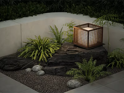 Outdoor Garden Decor Featuring Square Lantern Green Ferns And Black Rocks 3d model