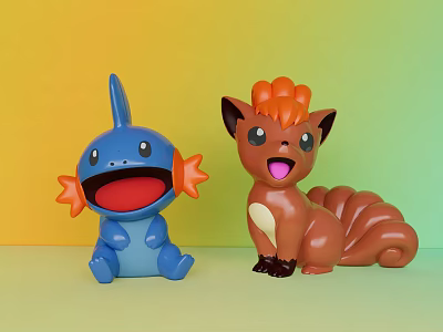 Cute Blue Brown Toy Dolls With Orange Fins Fur And Fluffy Tail On Yellow Green Gradient Backdrop 3d model