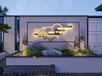 Modern Luxury Outdoor Lights in Courtyard with Landscape Pattern Background Wall Green Plants and Rockery 3d model