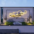 Modern Luxury Outdoor Lights in Courtyard with Landscape Pattern Background Wall Green Plants and Rockery
