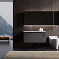 Modern Bathroom Interior With Floating Vanity Wooden Wall And Mountain View Through Window 3d model