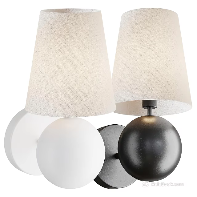 Wall Sconces with Beige Fabric Shades and Spherical Bases in White and Black 3d model 