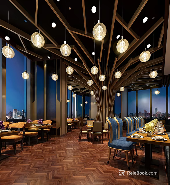 Elegant Restaurant Interior With Hanging Pendant Lights Dining Tables And City Night View 3d model 