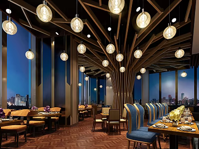 Elegant Restaurant Interior With Hanging Pendant Lights Dining Tables And City Night View 3d model