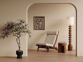 Mid-ancient style leisure chair side table combination floor lamp potted plant 3d model