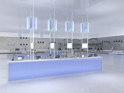Modern Luxury Kitchen Interior With Blue Island Counter And Pendant Lights 3d model