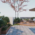 Outdoor Patio Garden Design With Wooden Deck Wicker Chairs Round Table Umbrella And Green Plants