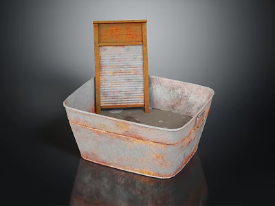 Vintage Rustic Metal Basin With Wooden Slatted Item And Orange Top 3d model