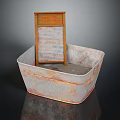 Vintage Rustic Metal Basin With Wooden Slatted Item And Orange Top