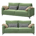 Green Two Seater Sofa With Checkered Pillows And Soft Armrest Cushions 3d model