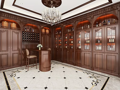 Luxurious Wine Cellar with Dark Wooden Cabinets Wine Bottles Bar Counter Marble Floor and Chandelier 3d model