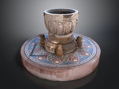 Detailed Hand Carved Sculpture With Circular Mosaic Base And Ornate Decorative Vessel 3d model
