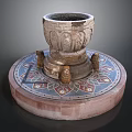 Detailed Hand Carved Sculpture With Circular Mosaic Base And Ornate Decorative Vessel