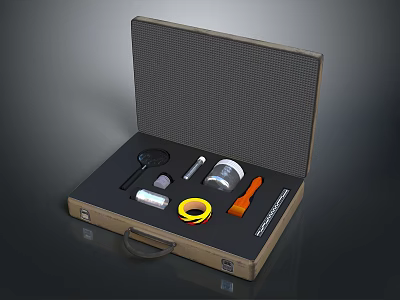Open Brown Tool Kit With Magnifying Glass Tape Flashlight And Repair Tools 3d model