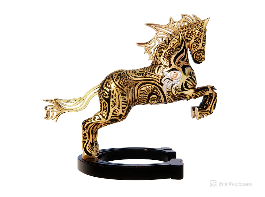 Golden Horse Decorative Ornament Set With Intricate Hollow Design And Black Base 3d model 