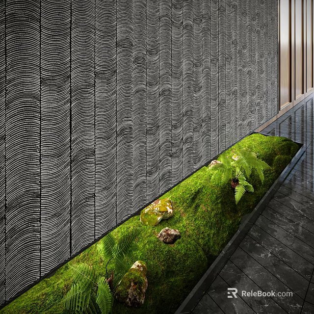 Small Garden Feature with Green Moss Ferns Stones and Wavy Textured Wall on Dark Floor 3d model 
